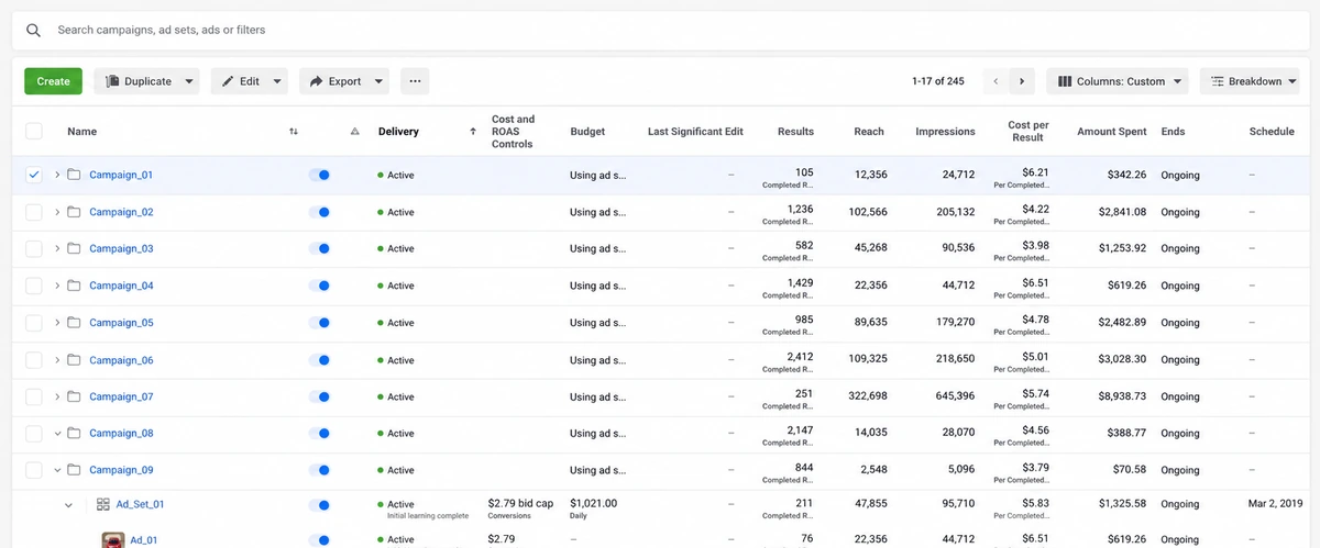Meta Ads Manager campaign list with Boosterberg automated campaigns