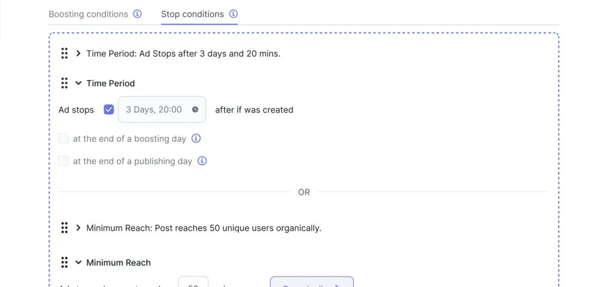 Boosterberg smart rules panel for automated Facebook and Instagram post boosting